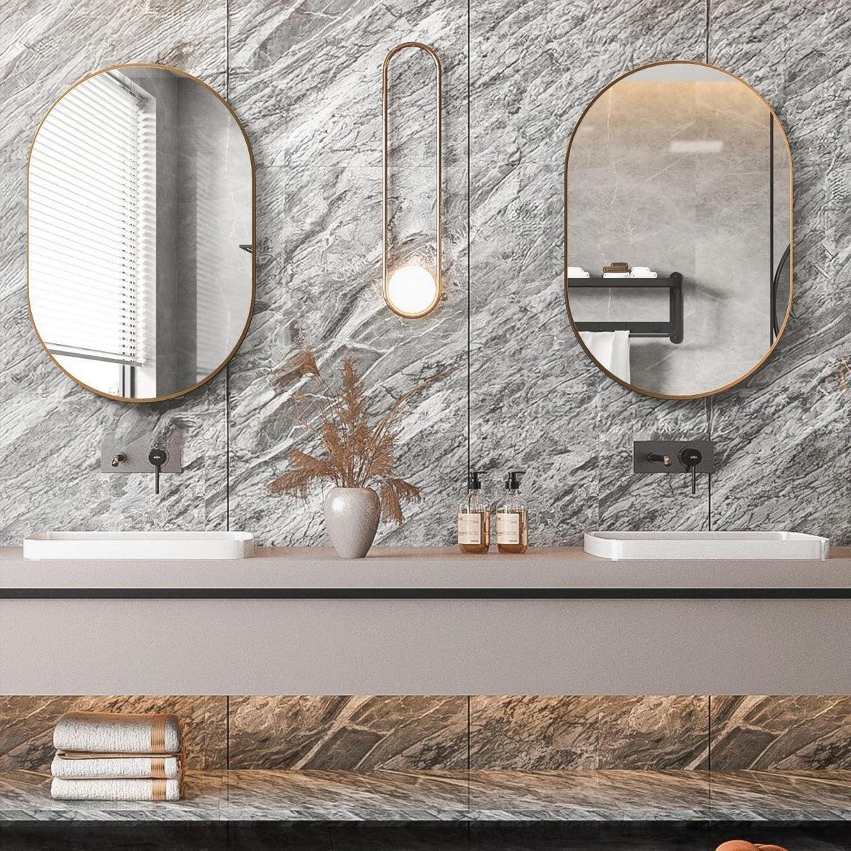 Moderner ovaler Wandspiegel 2er Set, 50.8x76.2cm, Goldrahmen
