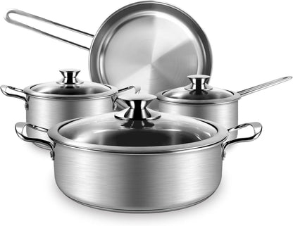 Edelstahl Kochtopfset mit Glasdeckeln und Kühlgriff, 7-teilig