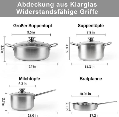 Tieplis Edelstahl Kochtopfset 7-teilig Glasdeckel Griff Herd