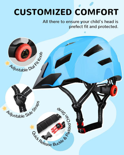 FUNWICT Kinder Fahrradhelm Mädchen Jungen Radhelm Skaterhelm 52-56 cm Blau