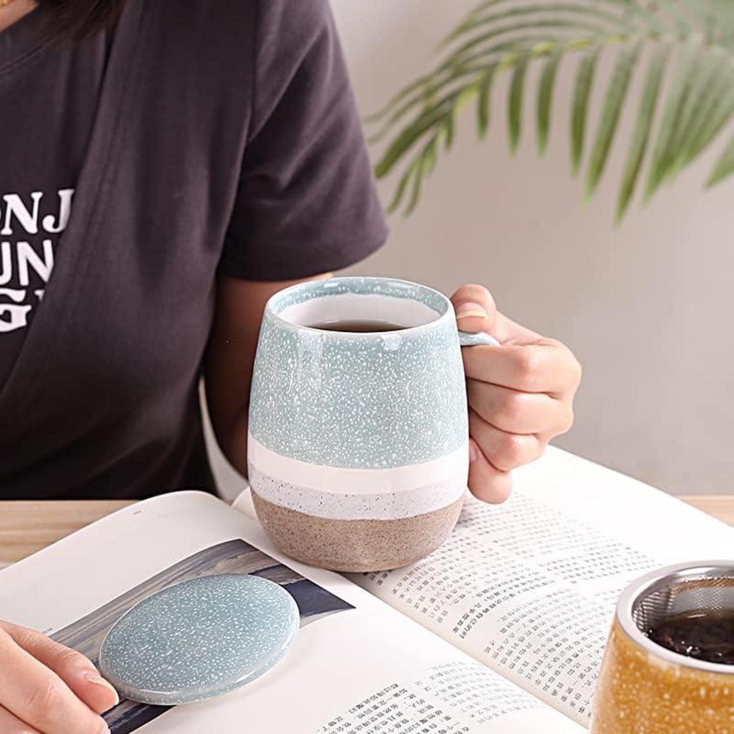 Keramik Teetasse mit Filter und Abdeckung, 350 ml, Blau