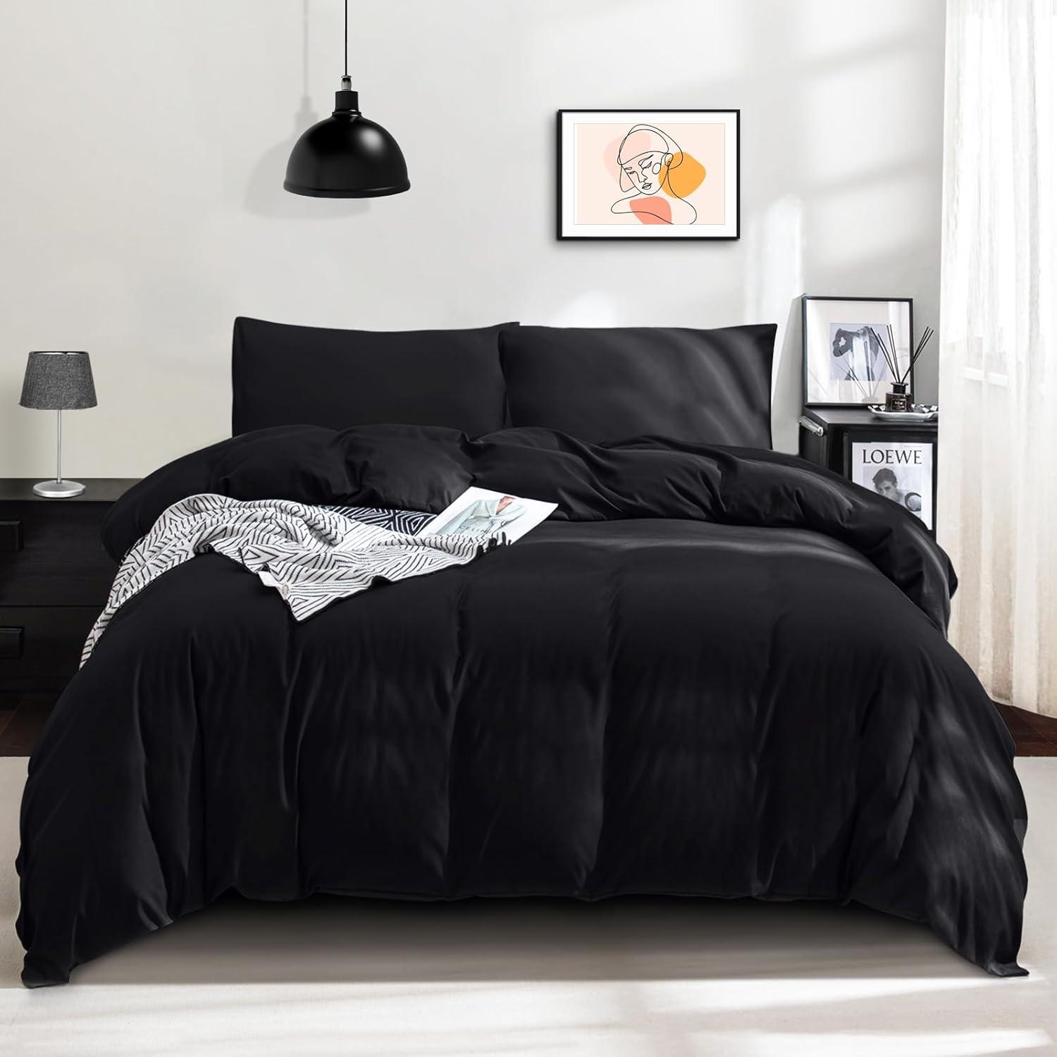 Bettwäsche-Sets Mikrofaser Schwarz 200x200 cm + 1 Kissenbezug 80x80 cm