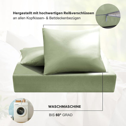 Bettwäsche 220x240 Ganzjahres Bettbezug 3tlg. Set weich Salbeigrün