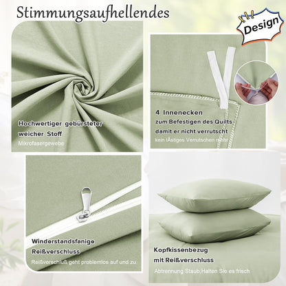 ohano Bettwäsche-Set 135x200 4-teilig Mikrofaser Reißverschluss Salbeigrün