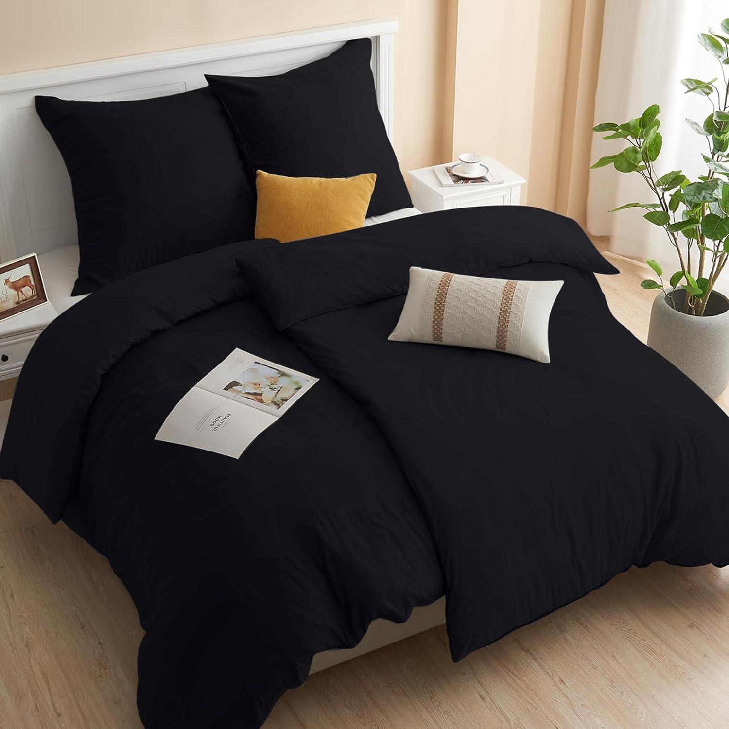 Bettwäsche-Set Mikrofaser 135x200 Reißverschluss Schwarz 4-teilig