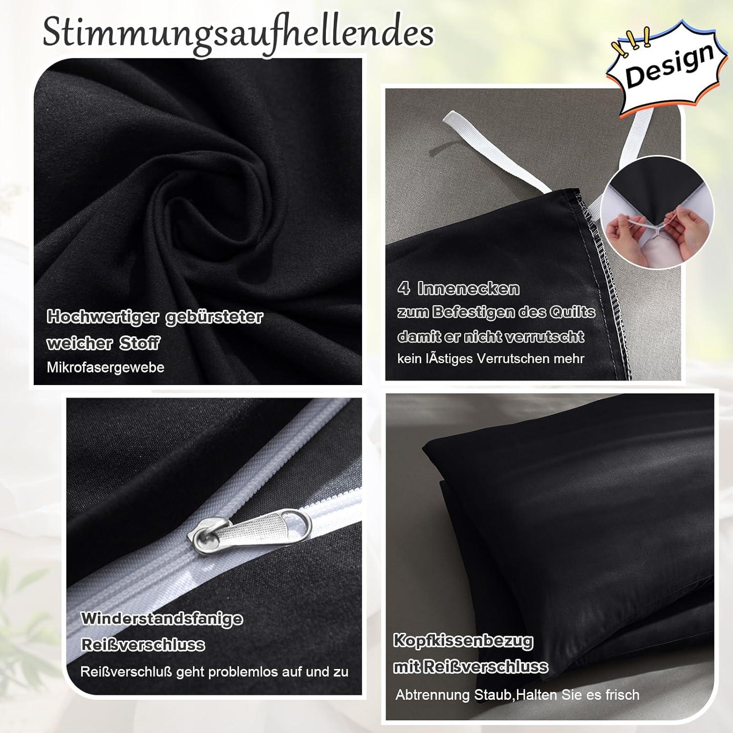 Bettwäsche-Set Mikrofaser 135x200 4tlg. Schwarz Reißverschluss