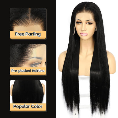 Lange gerade schwarze Perücke 26 Zoll 13x6 Lace Front Synthetik