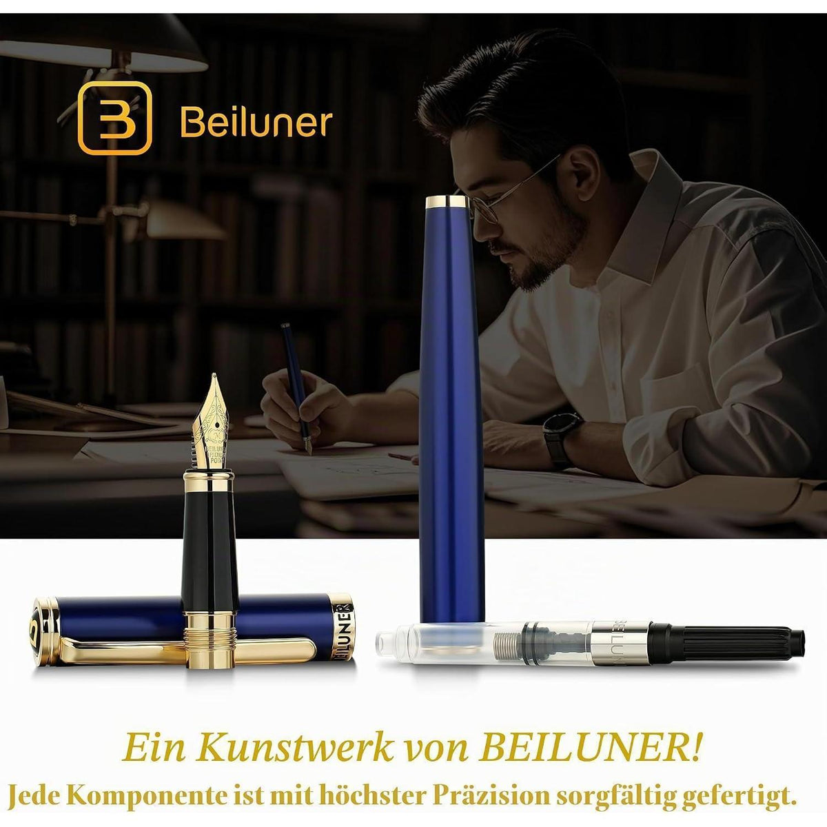 Blauer Füllfederhalter mit 24K Gold Feder (M) – Geschenkset