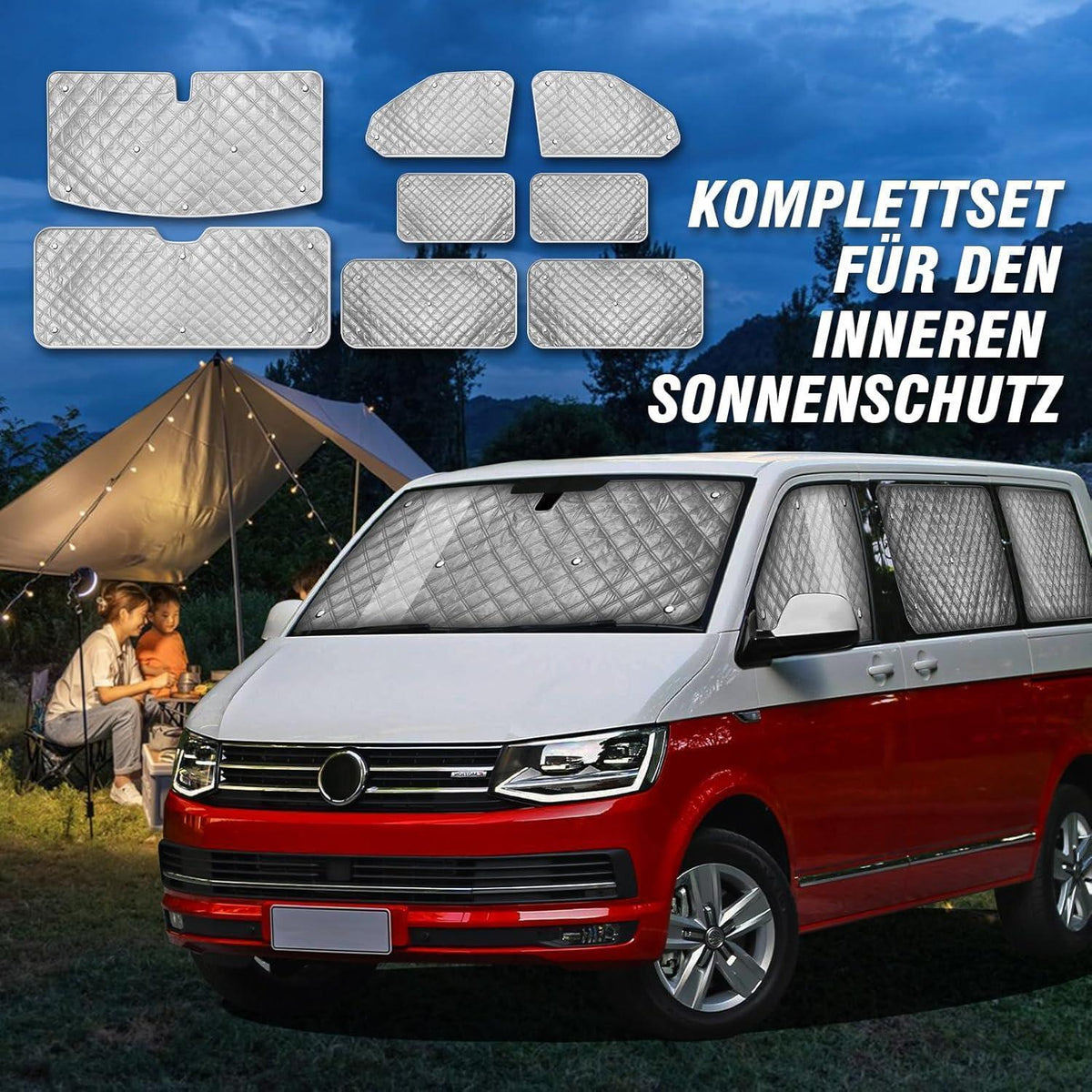 Thermatte Sonnenschutz VW T5 T6 LWB – 8tlg. Frontscheibe & Seitenscheiben