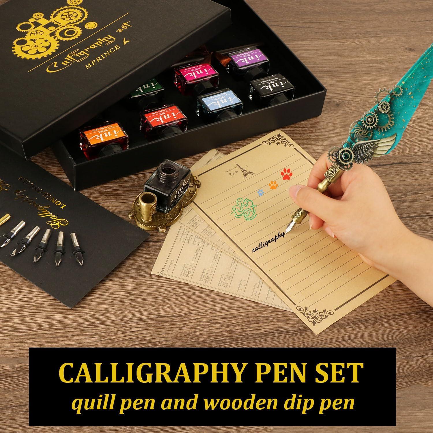 Luxus Kalligraphie Stift Set mit Quill Stift, Holz Dip Stift, 8 Tintenflaschen, 13 Edelstahl Federn, Stifthalter