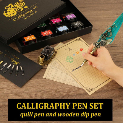 Luxus Kalligraphie Stift Set mit Quill Stift, Holz Dip Stift, 8 Tintenflaschen, 13 Edelstahl Federn, Stifthalter