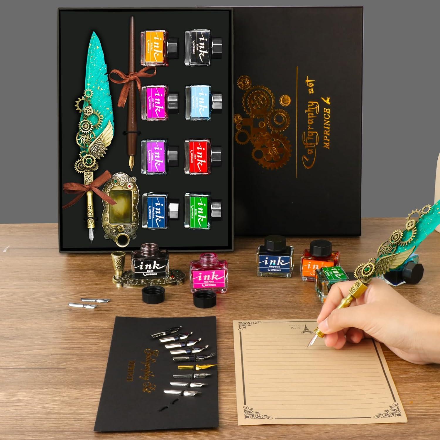 Luxus Kalligraphie Stift Set mit Quill Stift, Holz Dip Stift, 8 Tintenflaschen, 13 Edelstahl Federn, Stifthalter