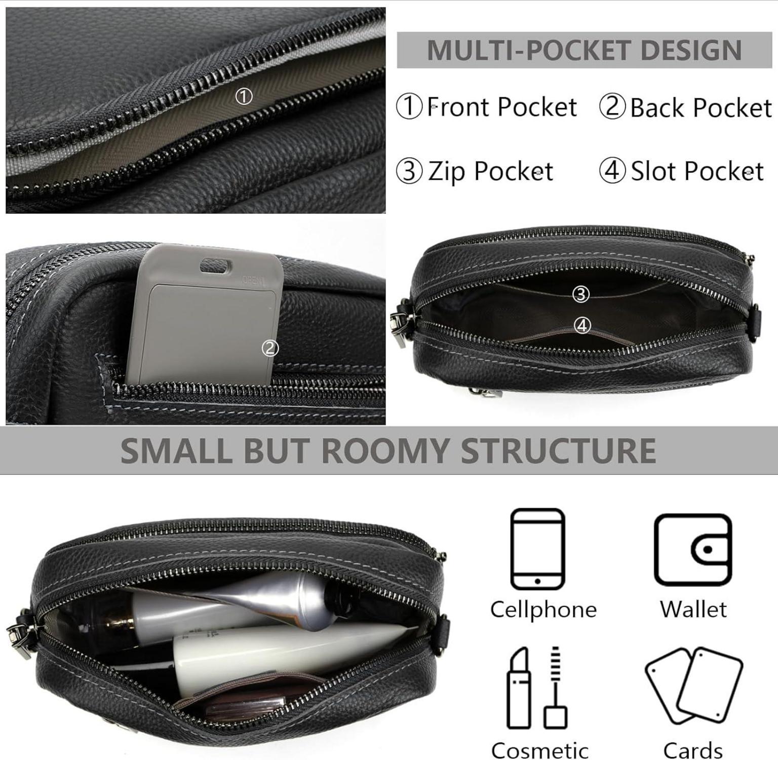 GSenhui Damen Crossbody Bag Schwarz Echtes Leder Umhängetasche mit Reißverschluss