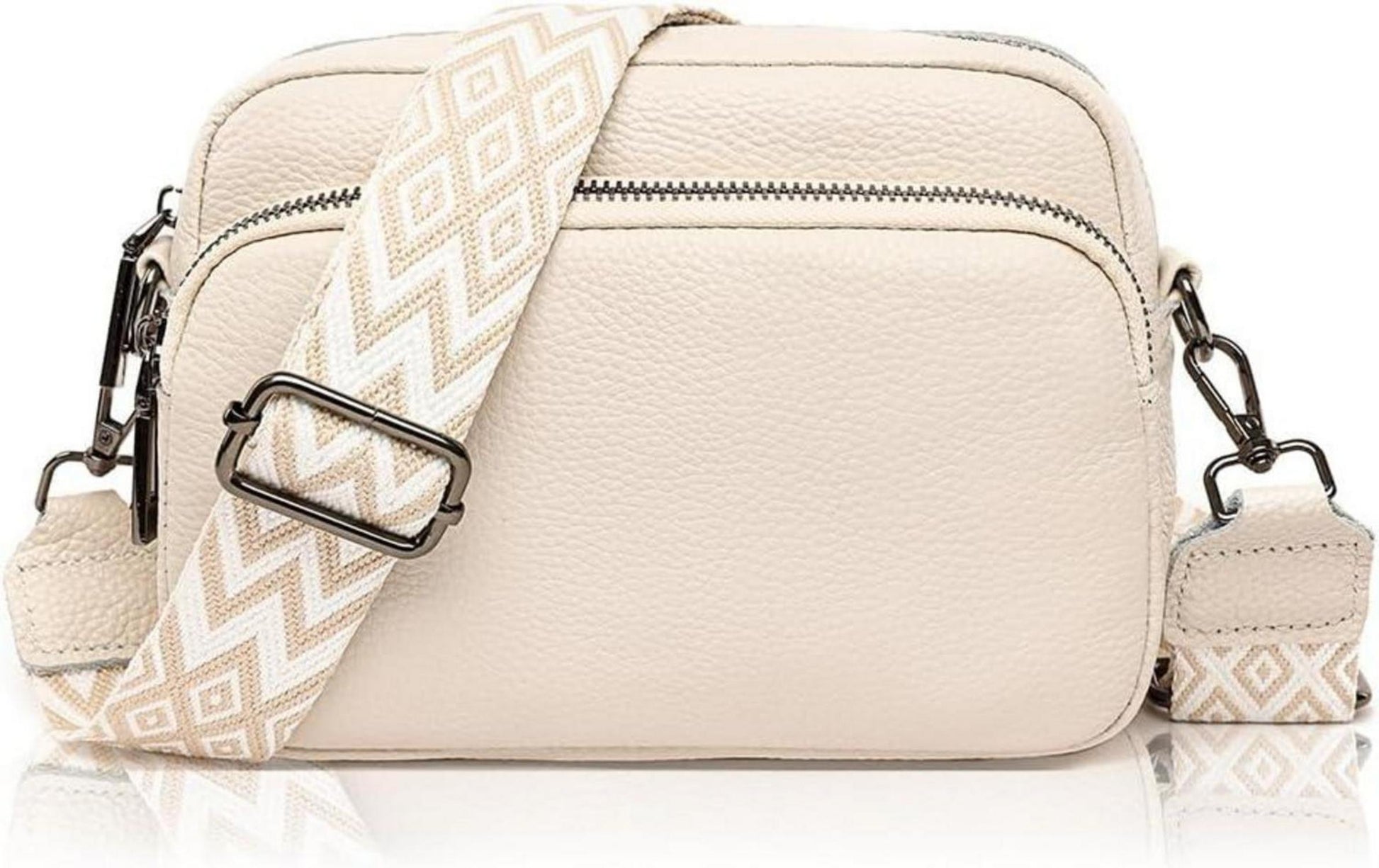 Crossbody Bag Damen Echtes Leder Umhängetasche Reißverschluss Schwarz