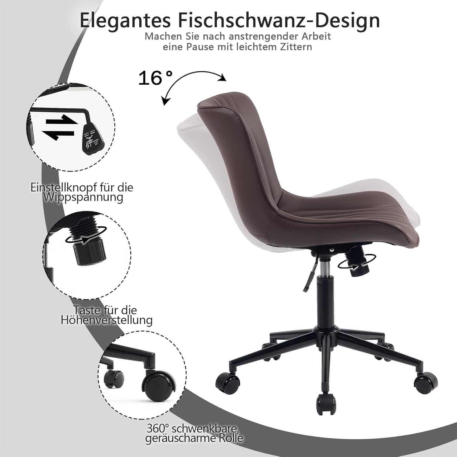 YOUTASTE Bürostuhl ergonomisch Fischschwanz Rollen höhenverstellbar