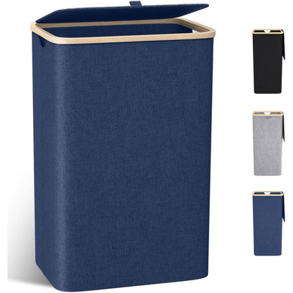 Schmaler Wäschekorb 100L mit Bambusdeckel & Wäschesack Marineblau