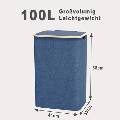 Schmaler Wäschekorb 100L mit Bambusdeckel & Wäschesack Marineblau
