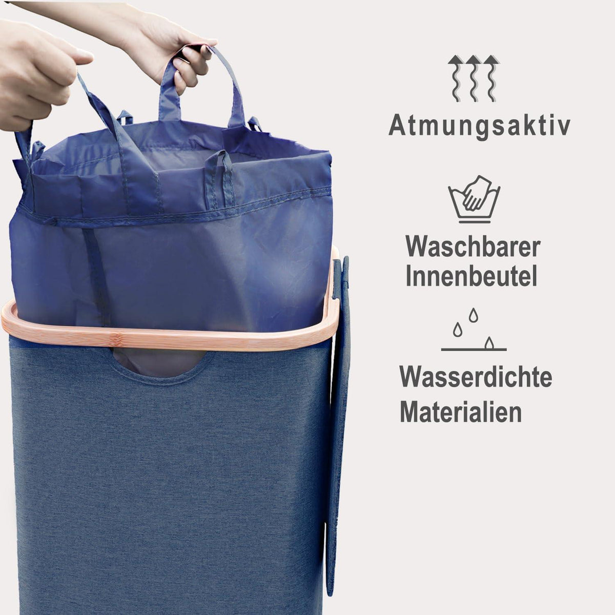 Schmaler Wäschekorb 100L mit Bambusdeckel & Wäschesack Marineblau