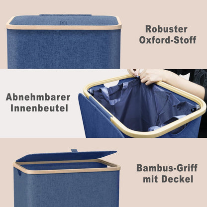 Schmaler Wäschekorb 100L mit Bambusdeckel & Wäschesack Marineblau