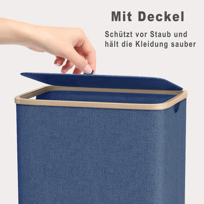 Schmaler Wäschekorb 100L mit Bambusdeckel & Wäschesack Marineblau