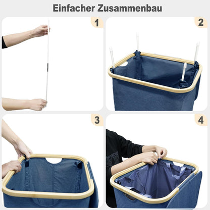 Schmaler Wäschekorb 100L mit Bambusdeckel & Wäschesack Marineblau