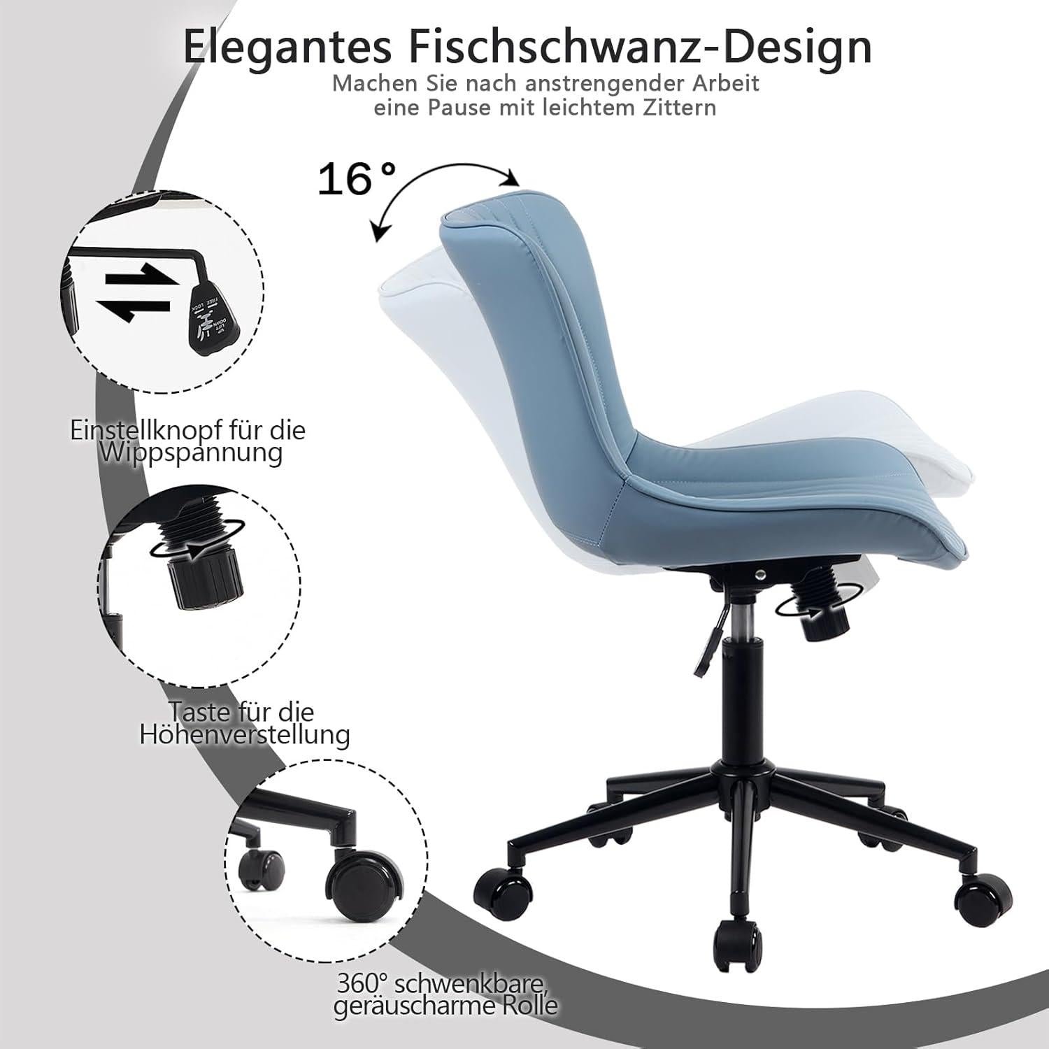 Ergonomischer Bürostuhl mit Fischschwanz-Design und Wippfunktion, blau