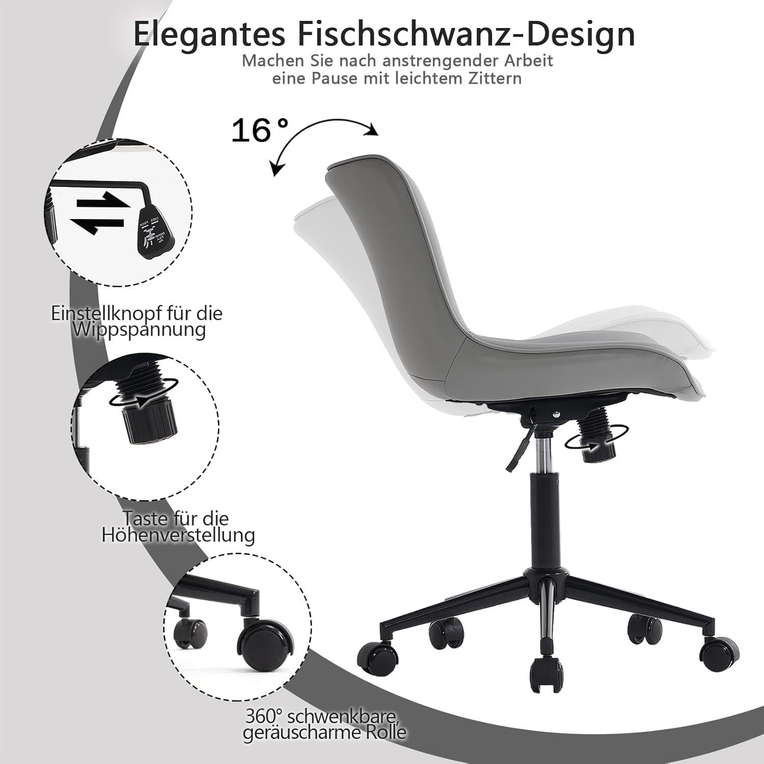 Ergonomischer Bürostuhl mit Fischschwanz-Design, Rollen, höhenverstellbar, grau