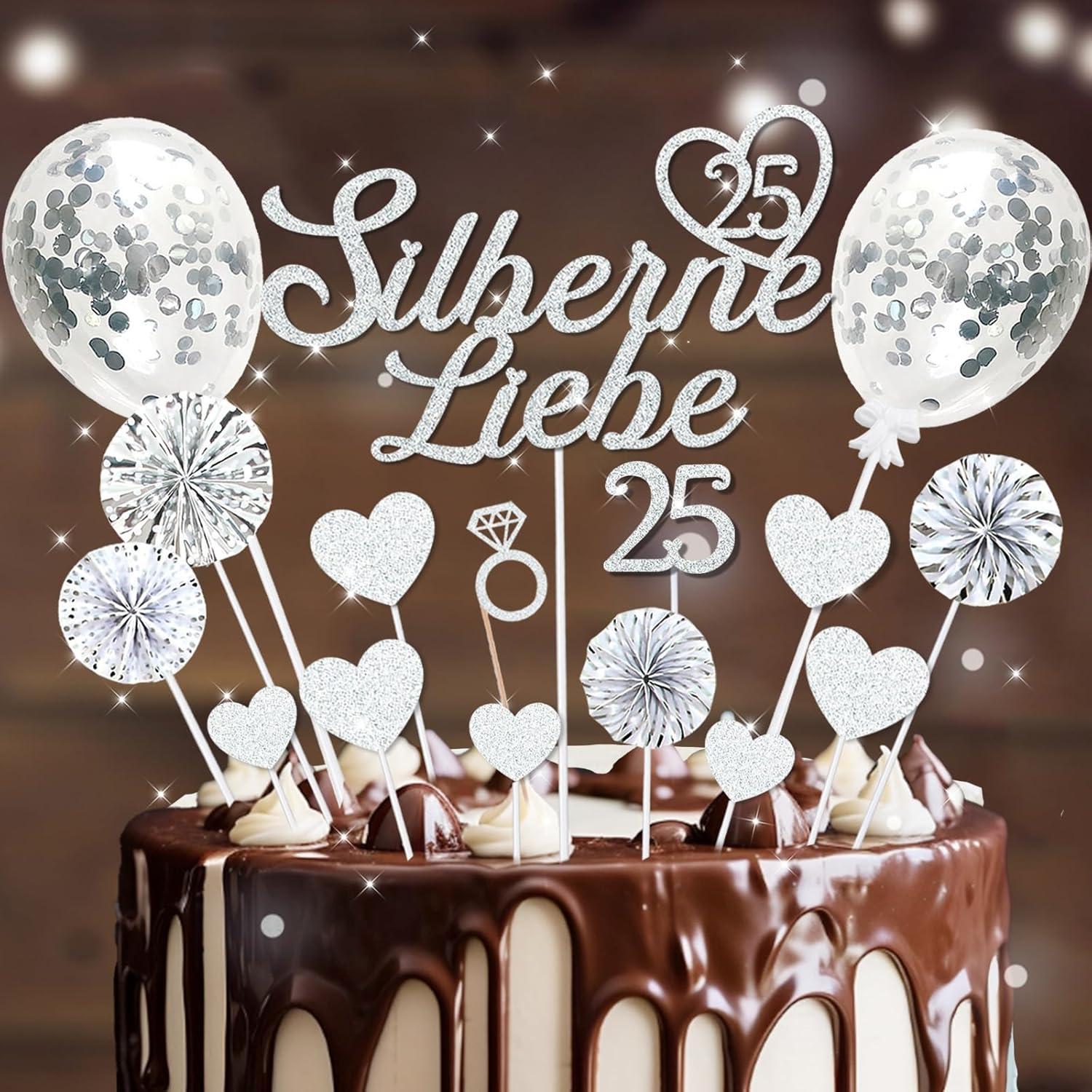 Tortendeko Silberhochzeit Liebe Cake Topper Glitzer 25 Hochzeitstag