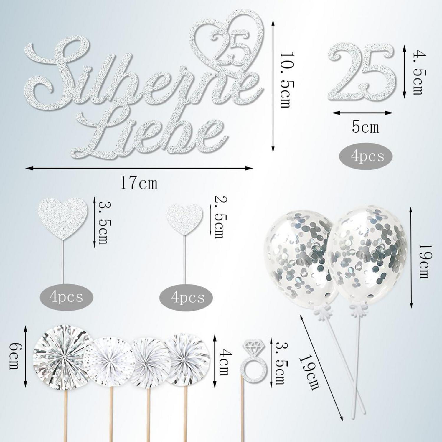 25 Silberhochzeit Cake Topper, Glitzer Kuchendeko, 20 Stück