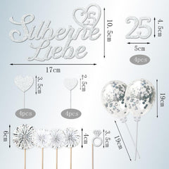 25 Silberhochzeit Cake Topper, Glitzer Kuchendeko, 20 Stück