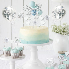 25 Silberhochzeit Tortendeko Set Glitzer Cake Topper Luftballons Papierfächer