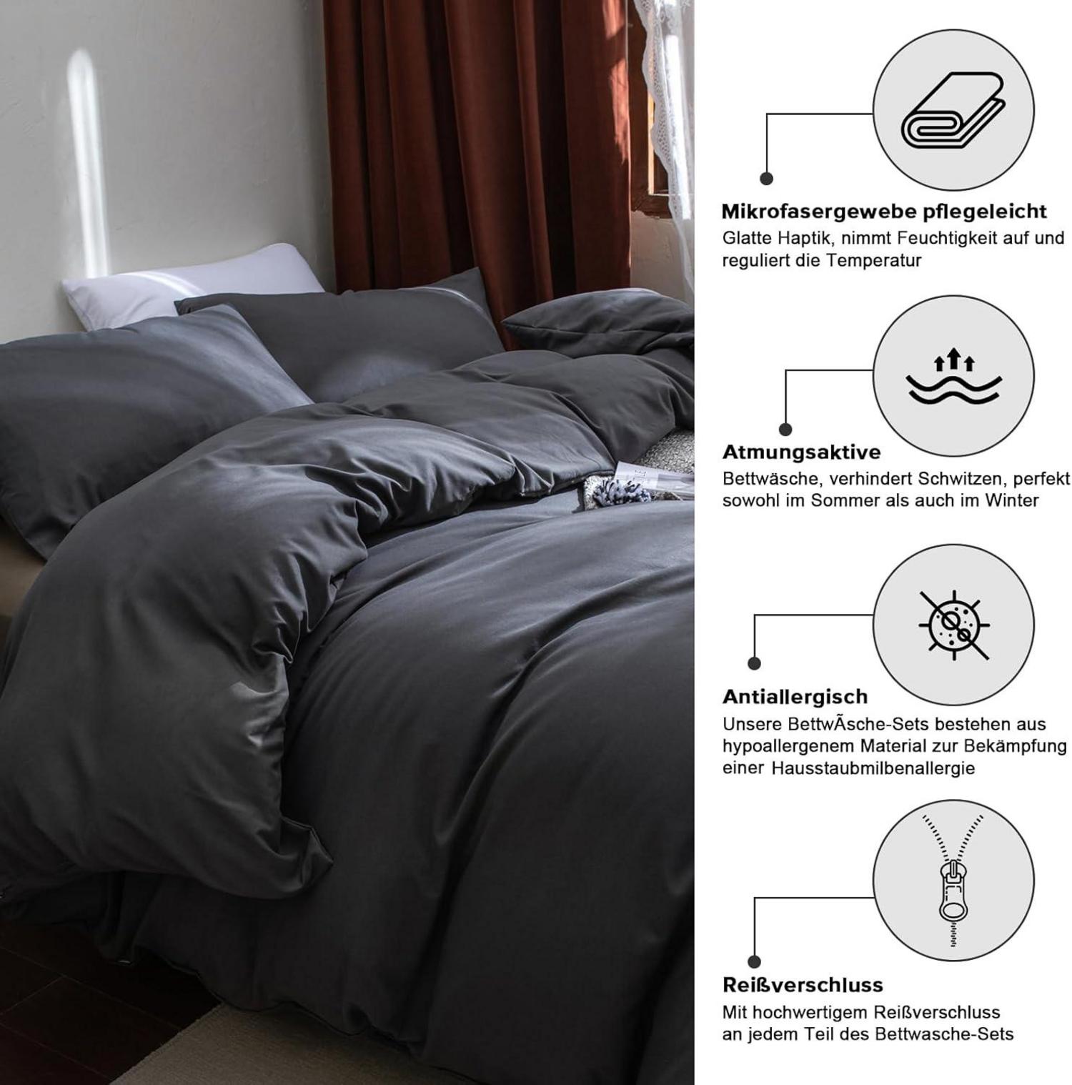 Ohano Bettwäsche Set 135x200 cm Anthrazit Mikrofaser Reißverschluss