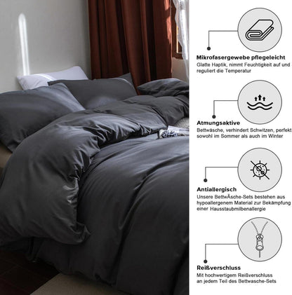 Ohano Bettwäsche Set 135x200 cm Anthrazit Mikrofaser Reißverschluss