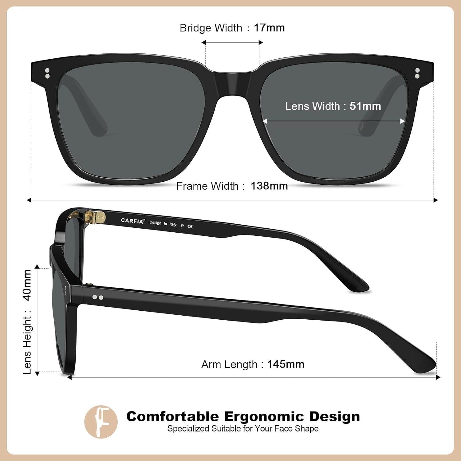 CARFIA Vintage Polarisierte Sonnenbrille Damen UV400 Acetat 51mm