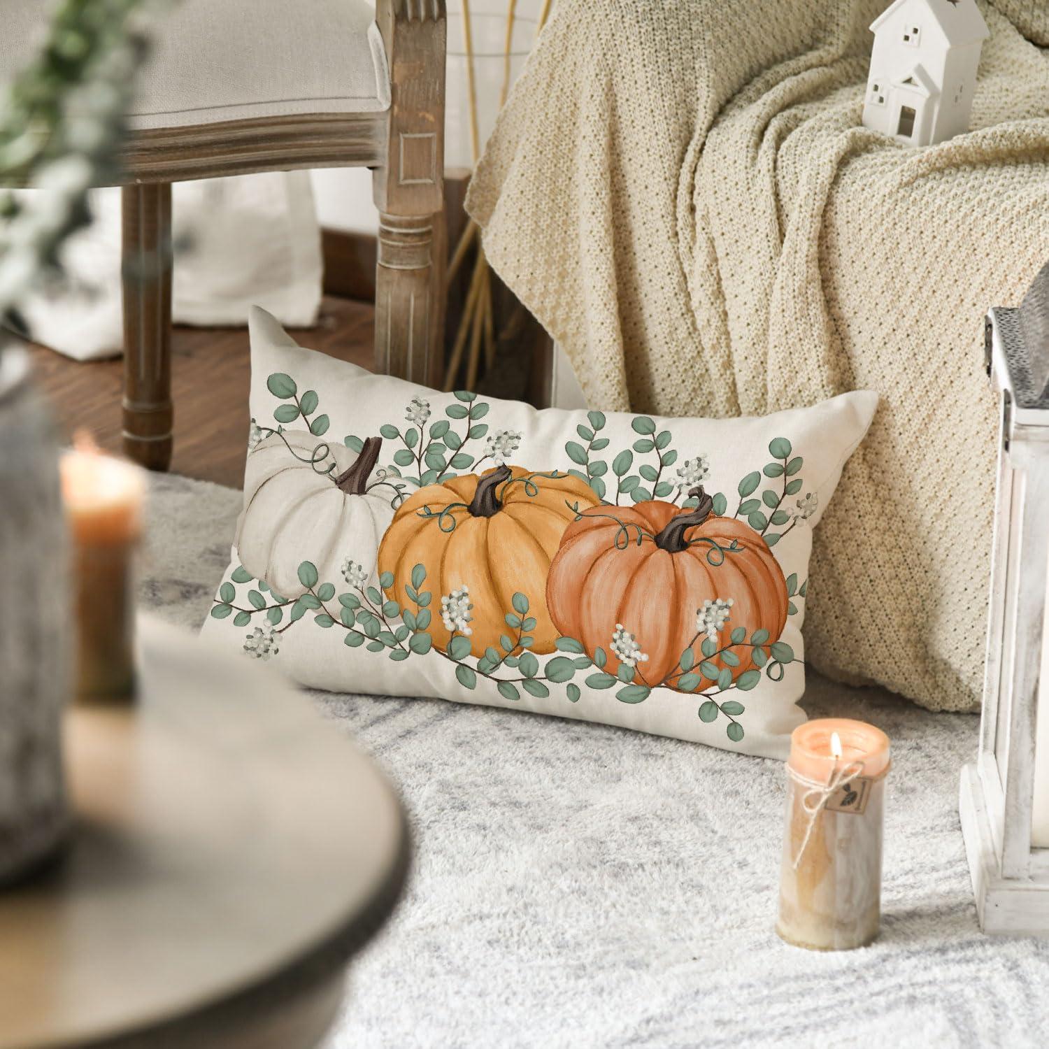 Orange Kürbis Eukalyptus Herbst Kissenbezug 30x50 cm Wohnzimmer Couch Deko