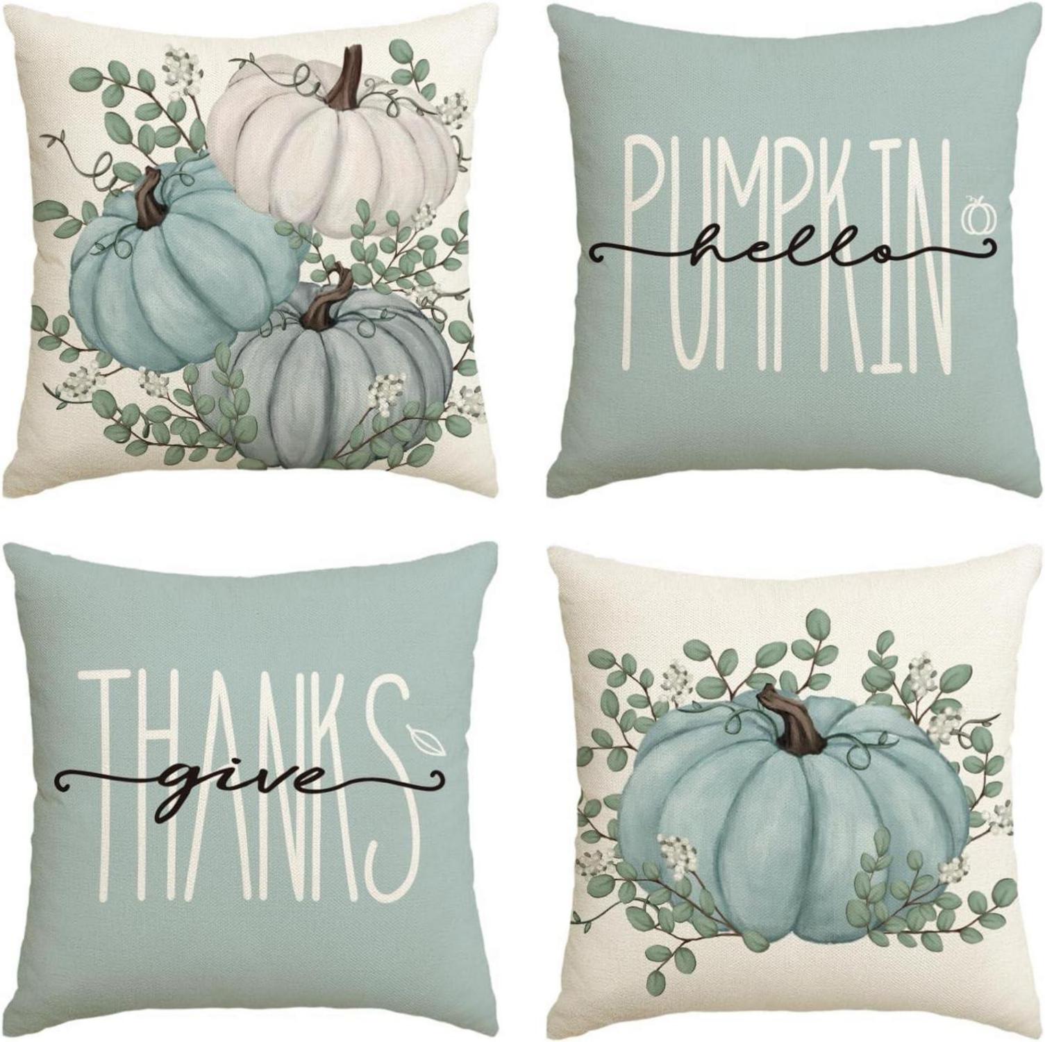 Herbst Kürbisse Deko 4er Set Kissenbezüge 45x45 cm Blau Home Sofa