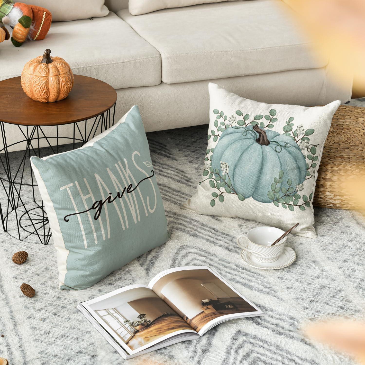 Herbst Kürbisse Deko 4er Set Kissenbezüge 45x45 cm Blau Home Sofa