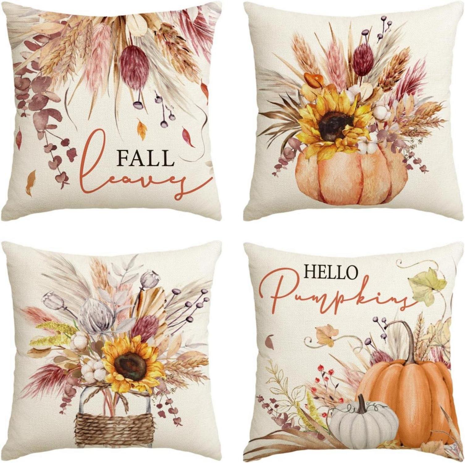 Herbst Kissenbezug Set Sonnenblumen Blätter Vase Kürbisse