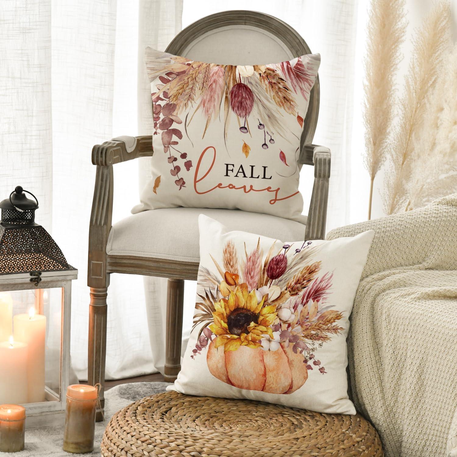 Herbst Kissenbezug Set Sonnenblumen Blätter Vase Kürbisse