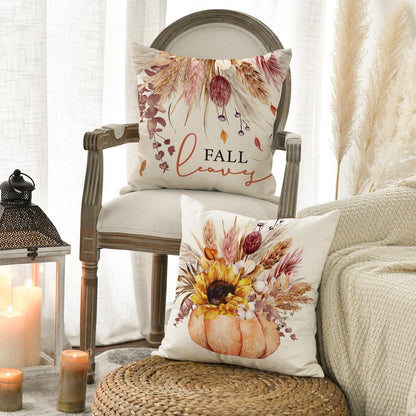 Herbst Kissenbezug Set Sonnenblumen Blätter Vase Kürbisse