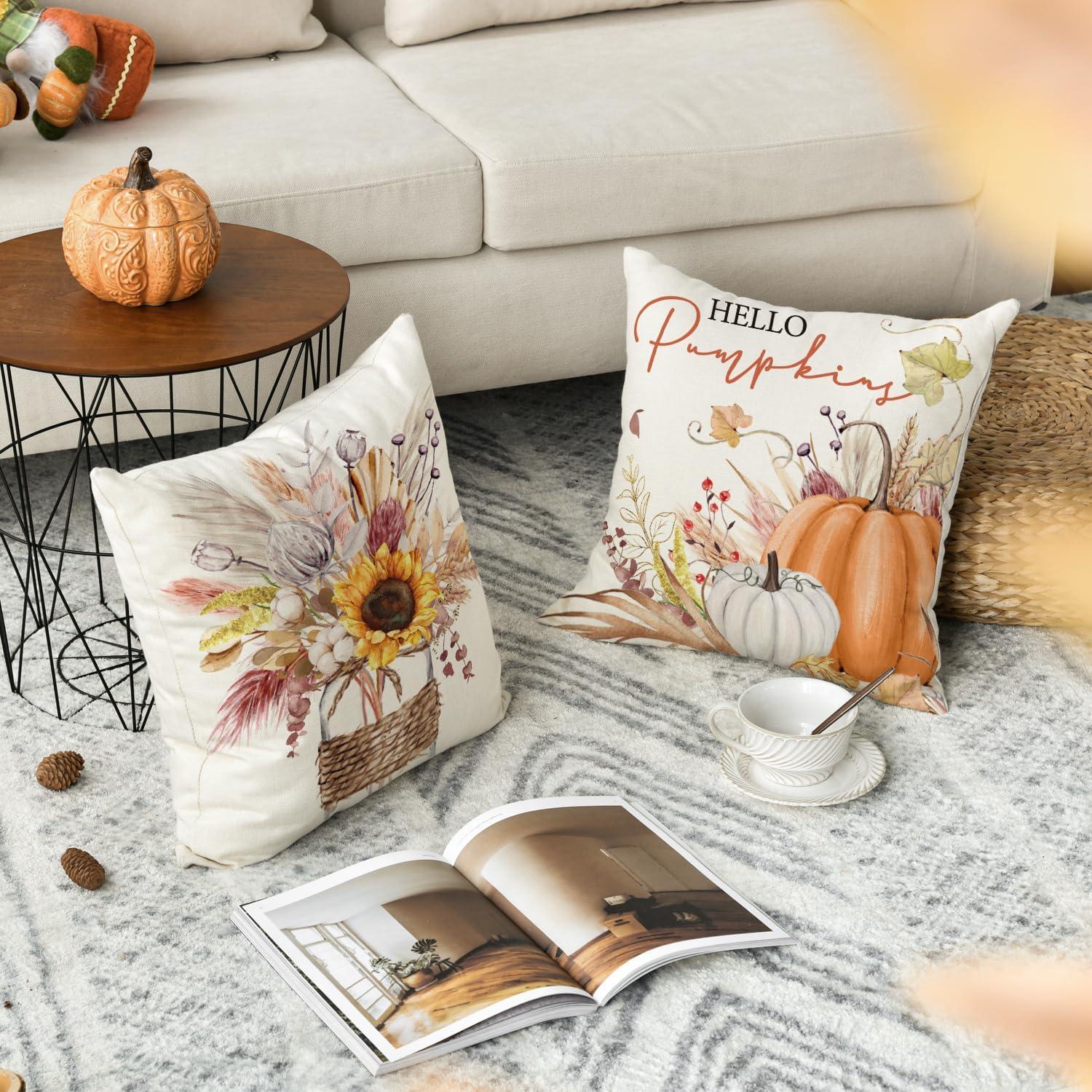 Herbst Kissenbezüge Sonnenblumen Blätter Kürbisse 40x40cm 4er Set