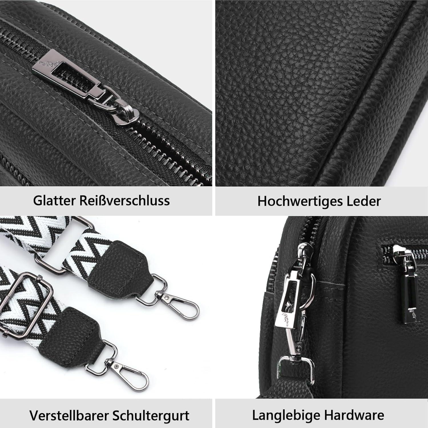 Schwarze Damen Umhängetasche aus echtem Leder mit breitem Schultergurt