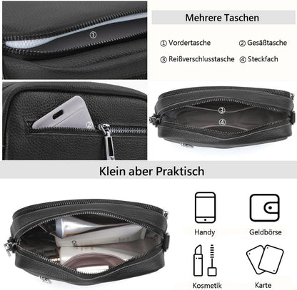 Damen Leder Umhängetasche Crossbody Bag mit breitem Schultergurt A-schwarz