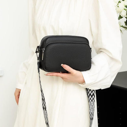 Damen Leder Umhängetasche Crossbody Bag mit breitem Schultergurt A-schwarz