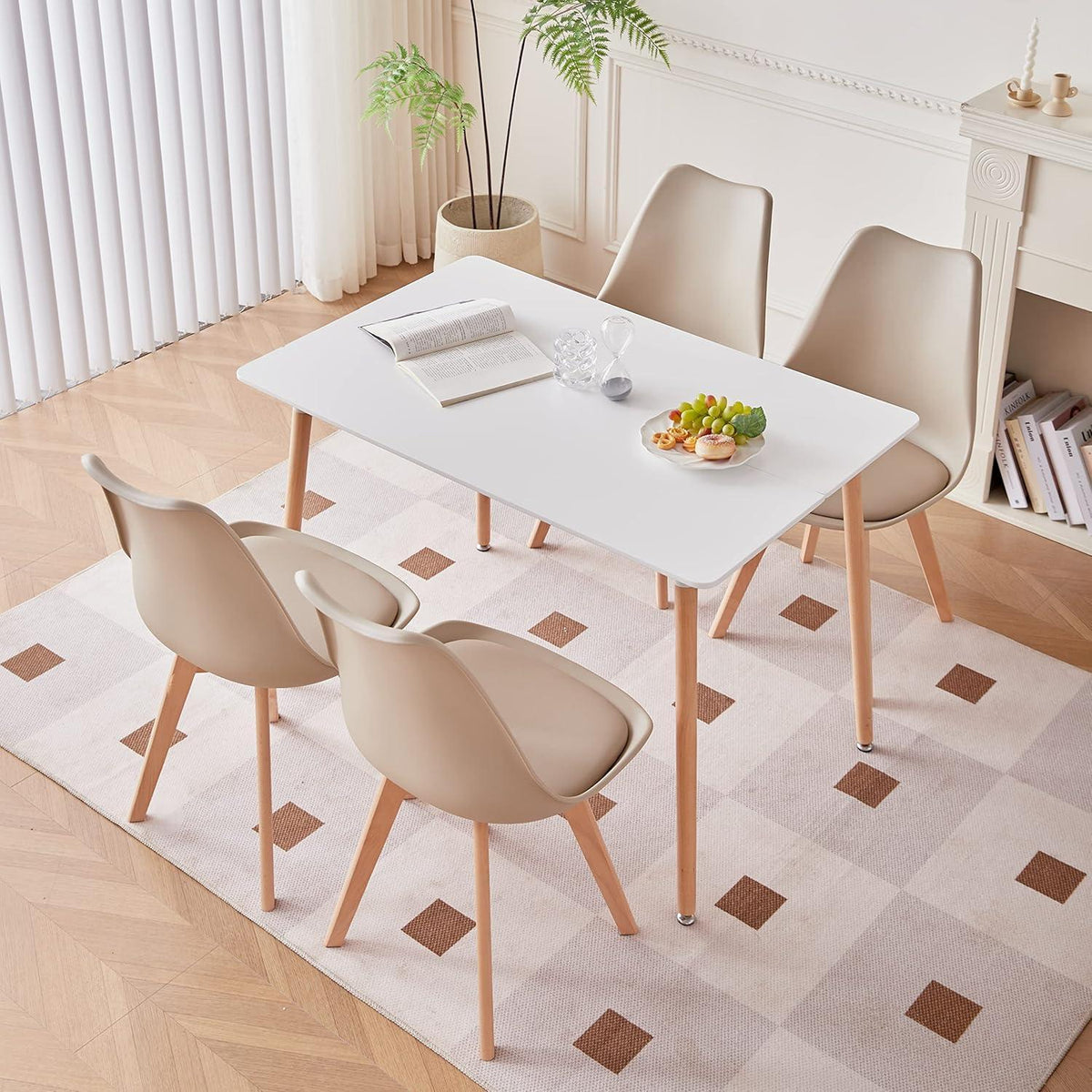 Esszimmerstuhl Set 8er – Massivholz, Abnehmbares Kissen Schwarz+Beige