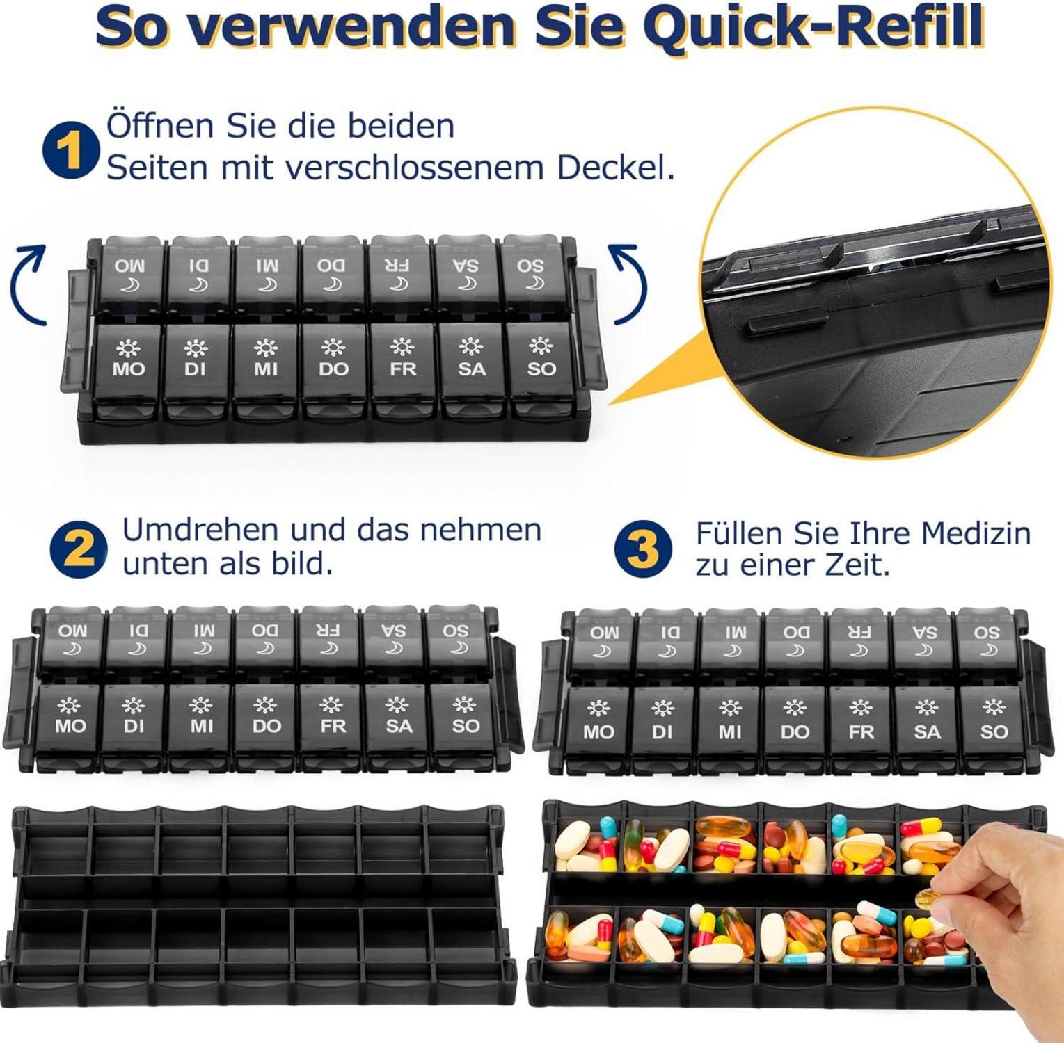 Tablettenbox 7 Tage Pillendose 2x am Tag Medikamentenbox 14 Fächer Fischöl Schwarz