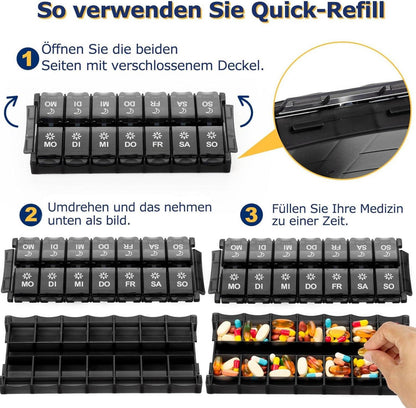Tablettenbox 7 Tage Pillendose 2x am Tag Medikamentenbox 14 Fächer Fischöl Schwarz