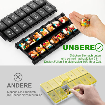 Tablettenbox 7 Tage Pillendose Organizer 14 Fächer Schwarz