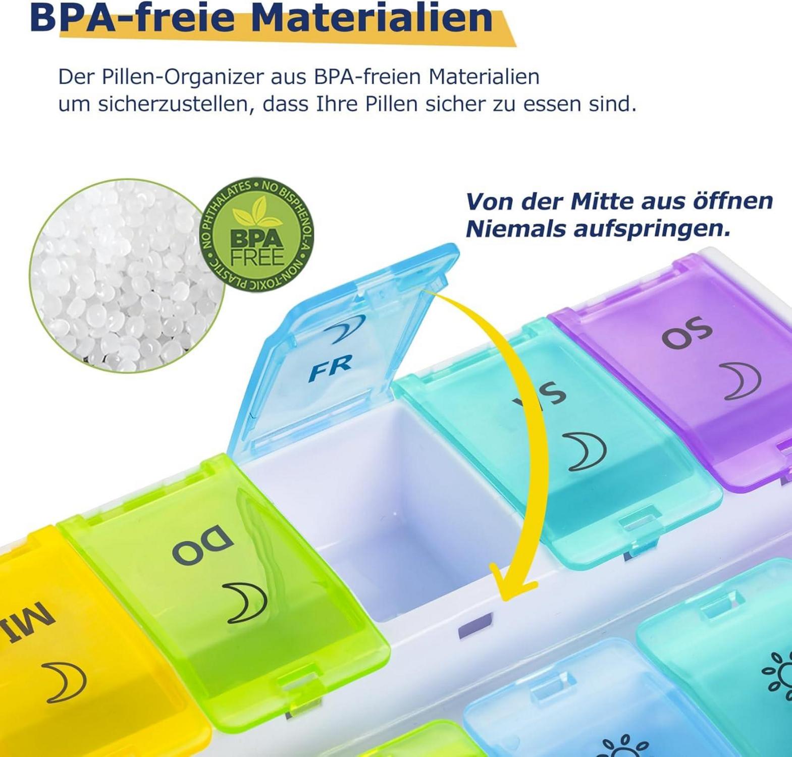 Tablettenbox 7 Tage Pillendose 2-mal täglich Medikamentenbox 14 Fächer Scharnierdeckel Tabletten Organizer Fischöl Nahrungsergänzungsmittel