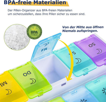 Tablettenbox 7 Tage Pillendose 2-mal täglich Medikamentenbox 14 Fächer Scharnierdeckel Tabletten Organizer Fischöl Nahrungsergänzungsmittel